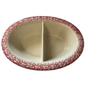 Roseville Spongeware Divided Oval Serving Dish Pink & White 12" x 9" Stoneware